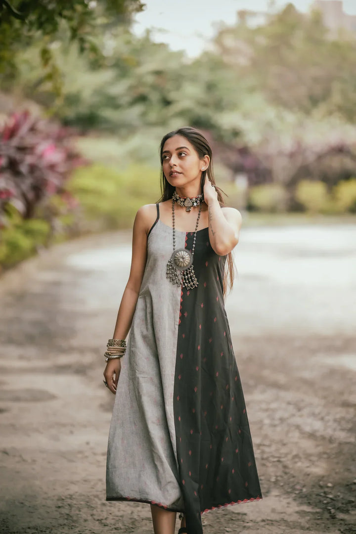 Charcoal Black and Grey Cotton Dress | SHOBITAM