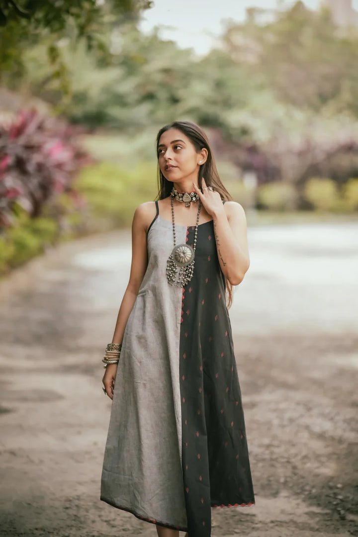 Charcoal Black and Grey Cotton Dress | SHOBITAM