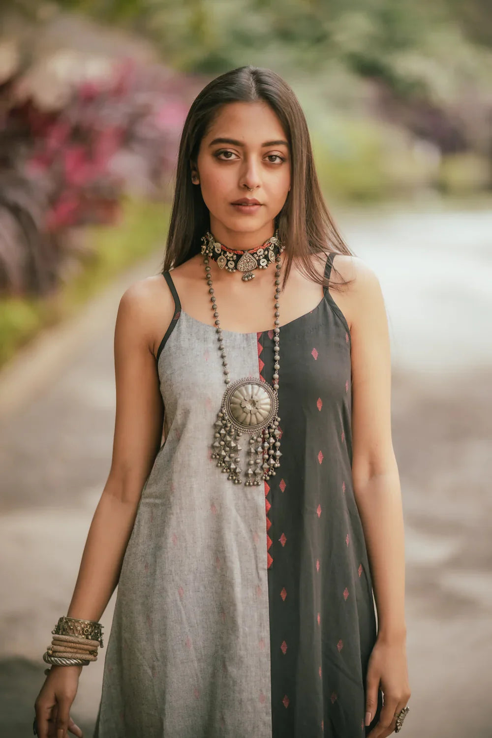 Charcoal Black and Grey Cotton Dress | SHOBITAM