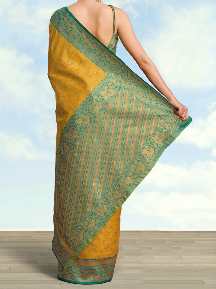 Mustard Color Zari Woven Faux Banarasi Tissue Silk Saree | SHOBITAM