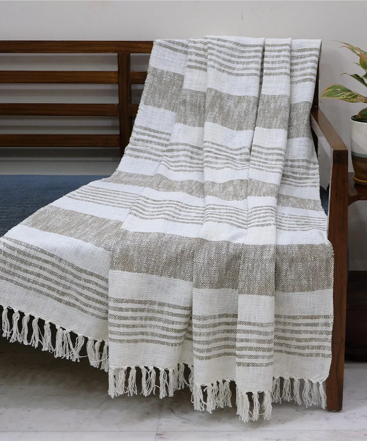 Cream & Light Brown Yarn Dye Cotton Handwoven Throw | SHOBITAM