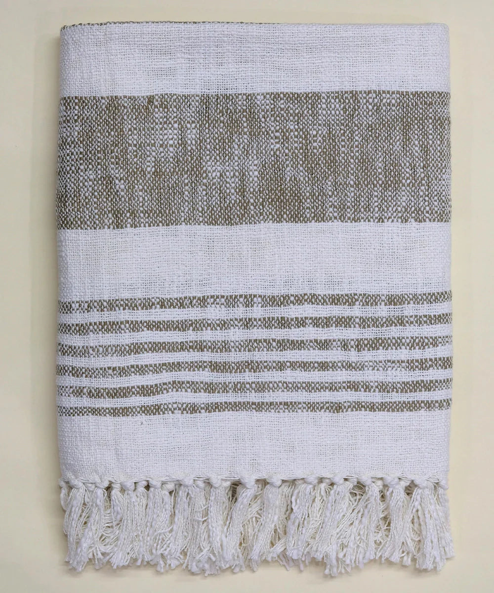 Cream & Light Brown Yarn Dye Cotton Handwoven Throw | SHOBITAM
