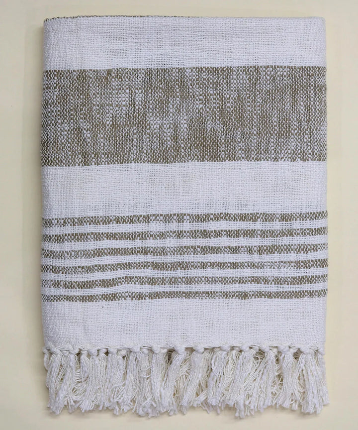 Cream & Light Brown Yarn Dye Cotton Handwoven Throw | SHOBITAM