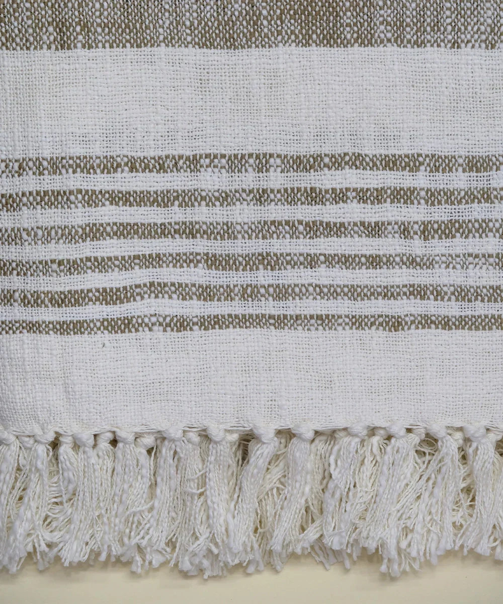 Cream & Light Brown Yarn Dye Cotton Handwoven Throw | SHOBITAM