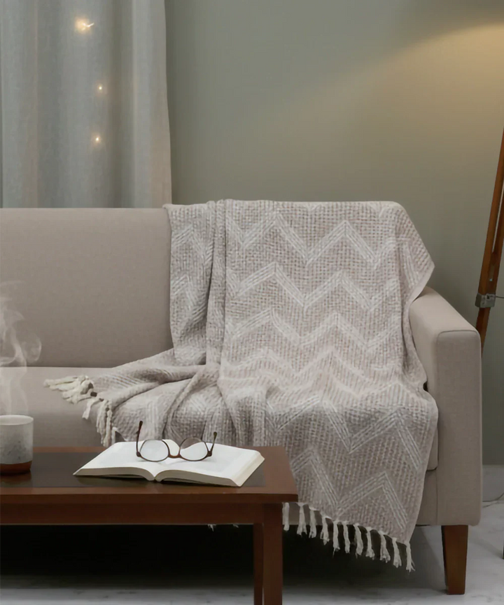 Light Brown Textured Yarn Dye Handwoven Cotton Sofa Throw | SHOBITAM
