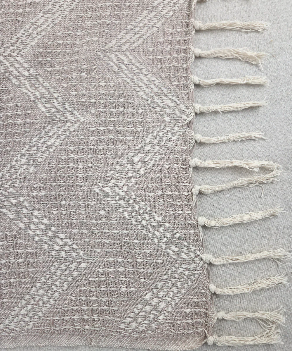 Light Brown Textured Yarn Dye Handwoven Cotton Sofa Throw | SHOBITAM