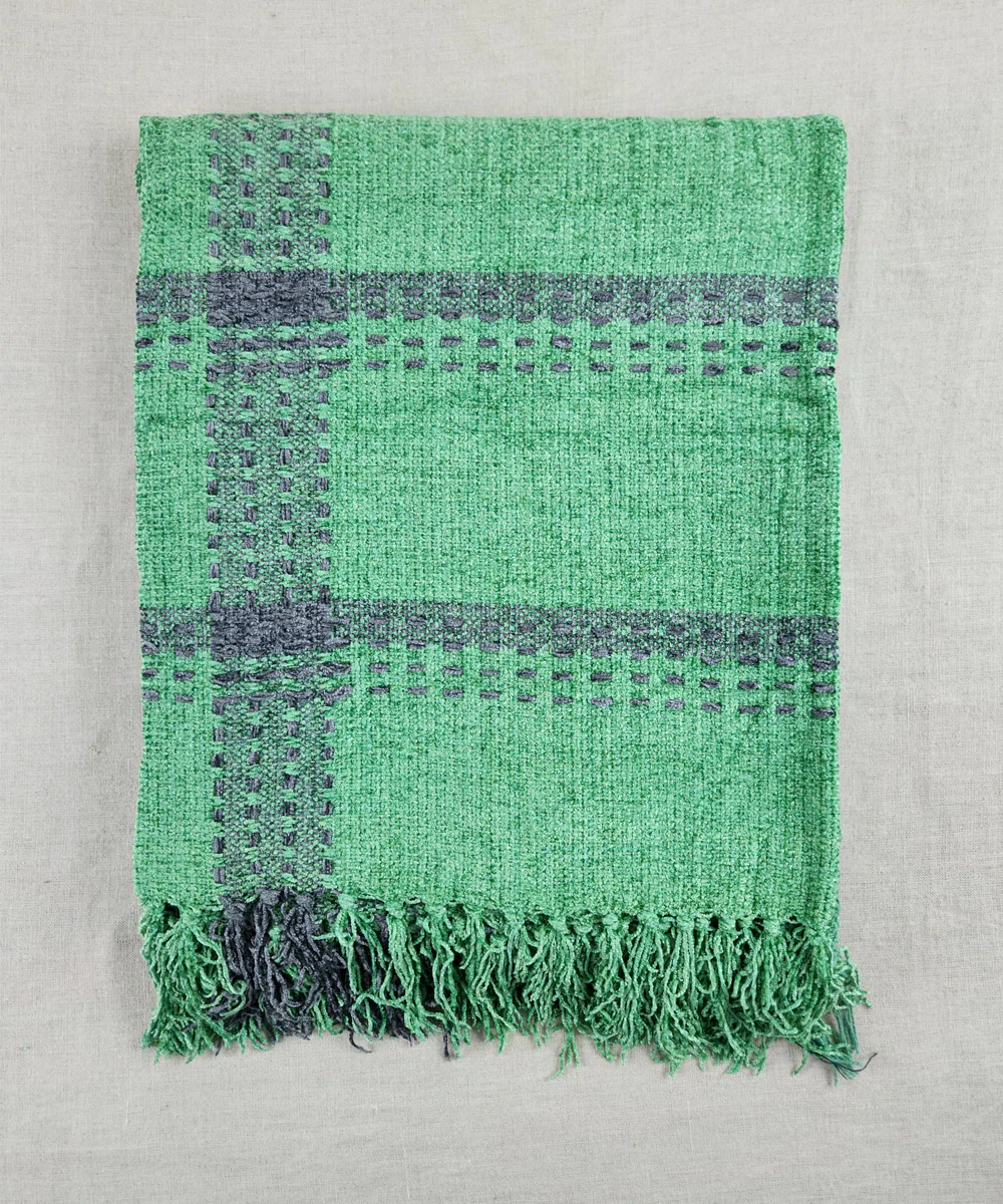 Green & Charcoal Hand-Woven Cotton Sofa Throw | SHOBITAM