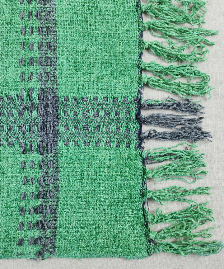Green & Charcoal Hand-Woven Cotton Sofa Throw | SHOBITAM