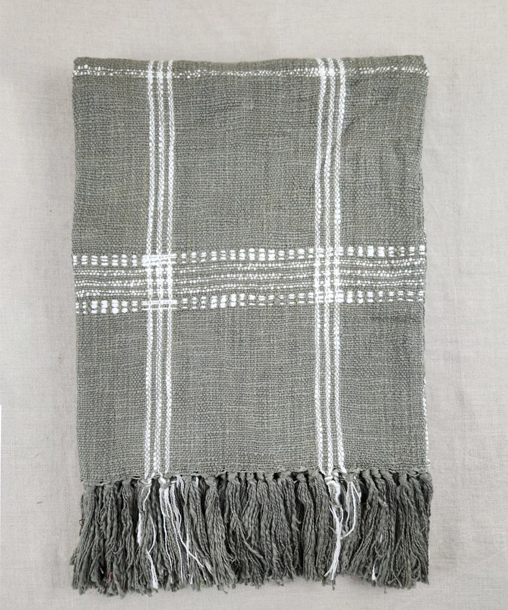 Dark Smoke & Off White Hand Woven Cotton Sofa Throw | SHOBITAM