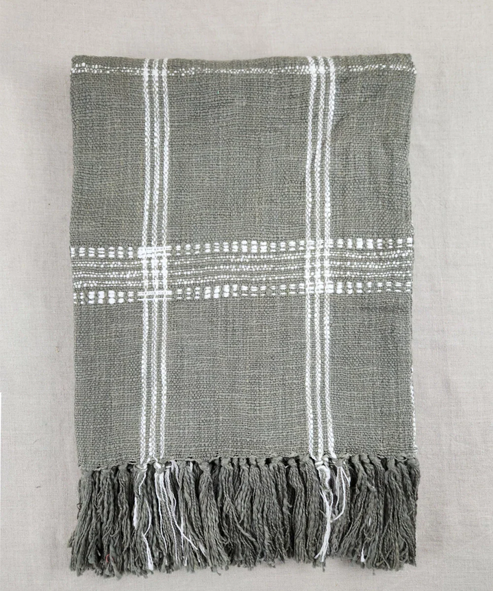 Dark Smoke & Off White Hand Woven Cotton Sofa Throw | SHOBITAM