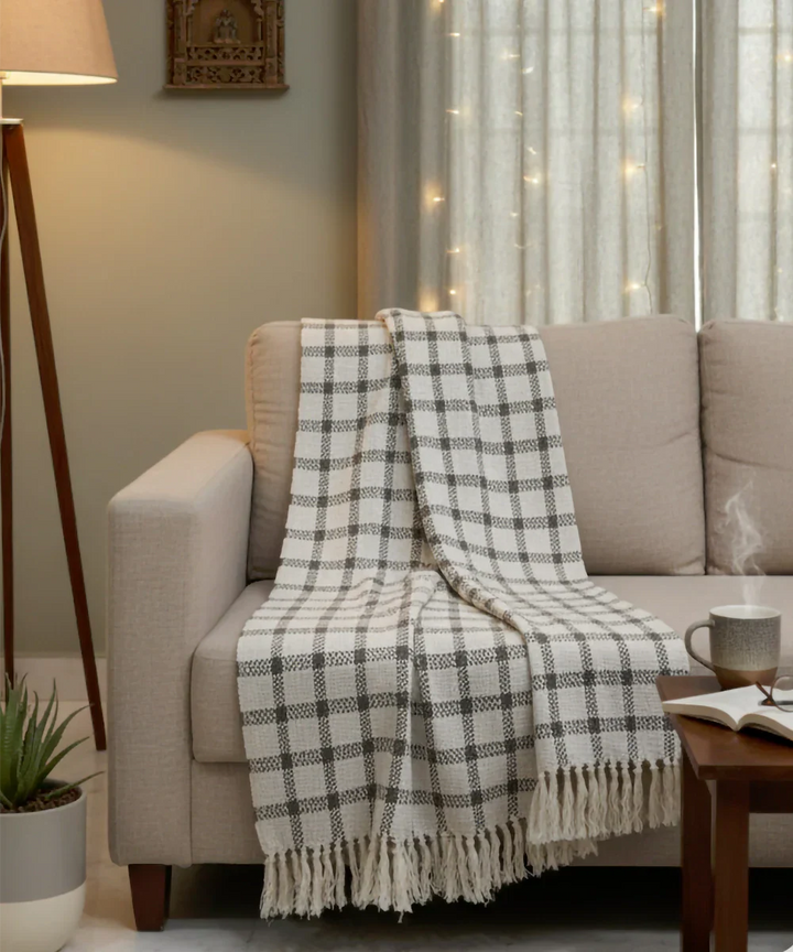 Ecru & Charcoal Yarn Dye Handwoven Cotton Sofa Throw | SHOBITAM