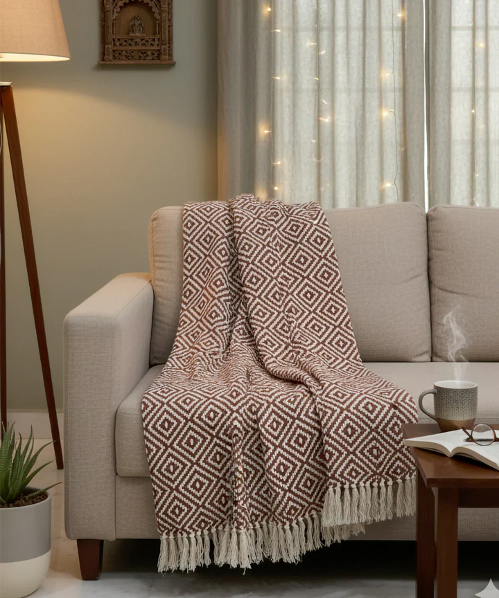 Ecru & Brown Diamond Yarn Dye Handwoven Cotton Sofa Throw | SHOBITAM