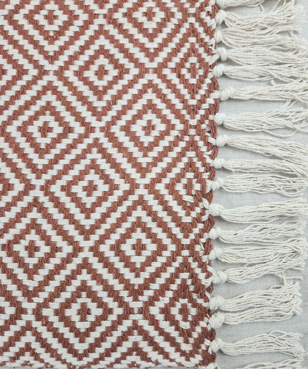 Ecru & Brown Diamond Yarn Dye Handwoven Cotton Sofa Throw | SHOBITAM