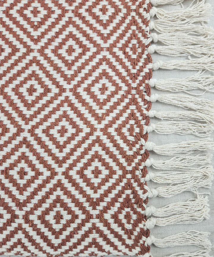 Ecru & Brown Diamond Yarn Dye Handwoven Cotton Sofa Throw | SHOBITAM