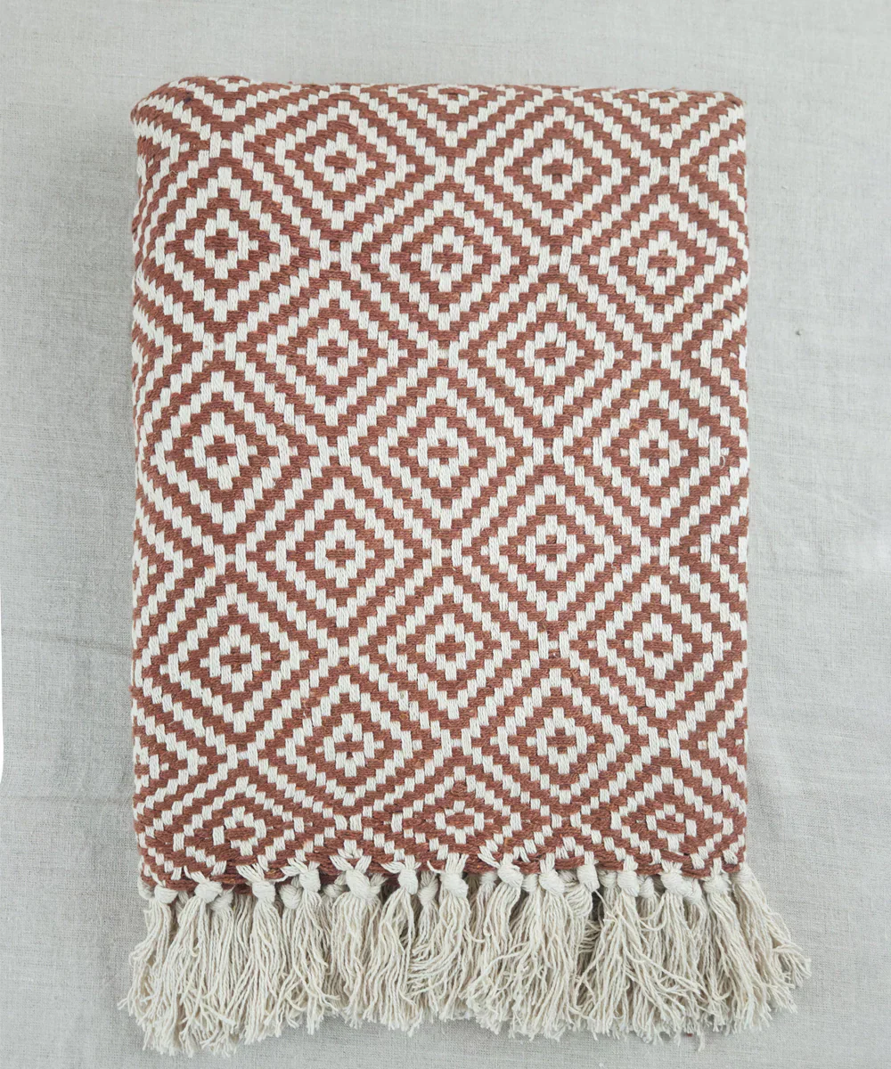 Ecru & Brown Diamond Yarn Dye Handwoven Cotton Sofa Throw | SHOBITAM