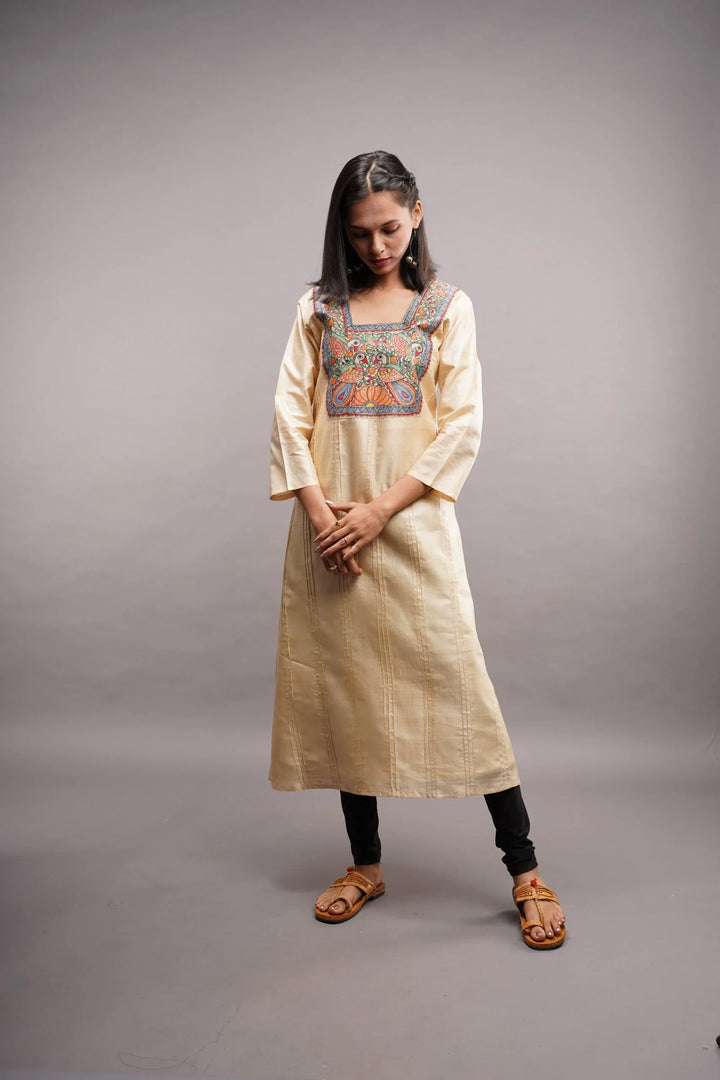 Pure Kosa Tussar Silk Kurti with Madhubani Handpainted Art with Leggings 2 piece set