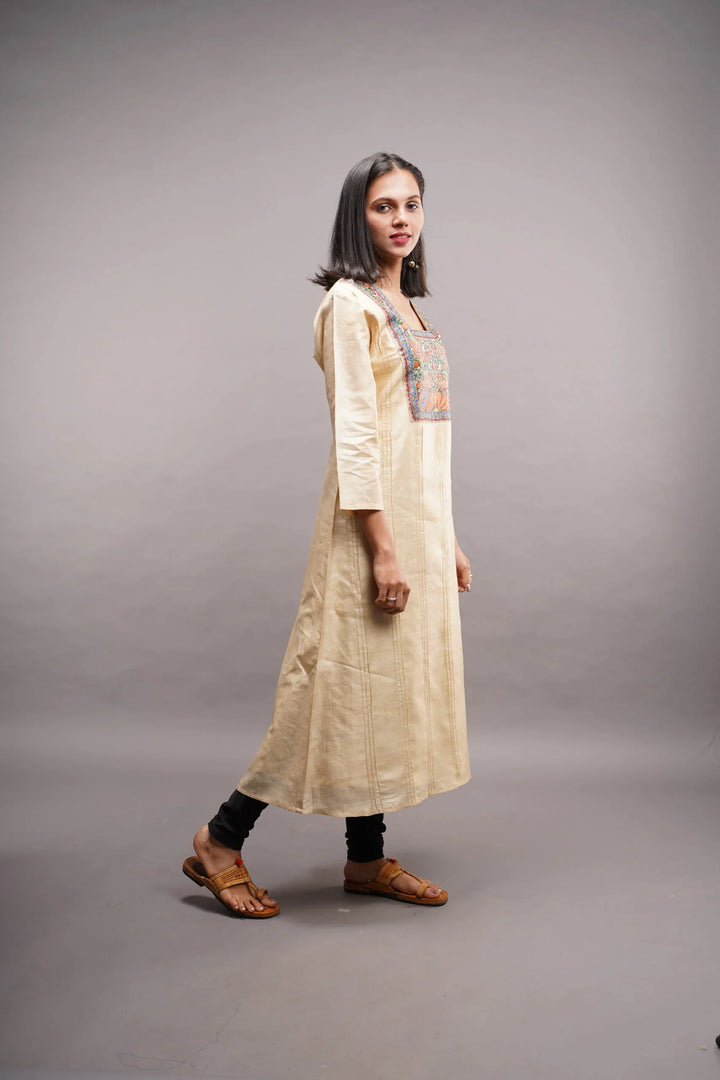 Pure Kosa Tussar Silk Kurti with Madhubani Handpainted Art with Leggings 2 piece set