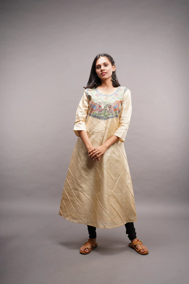 Pure Kosa Tussar Silk Kurti with Madhubani Handpainted Art with Leggings 2 piece set