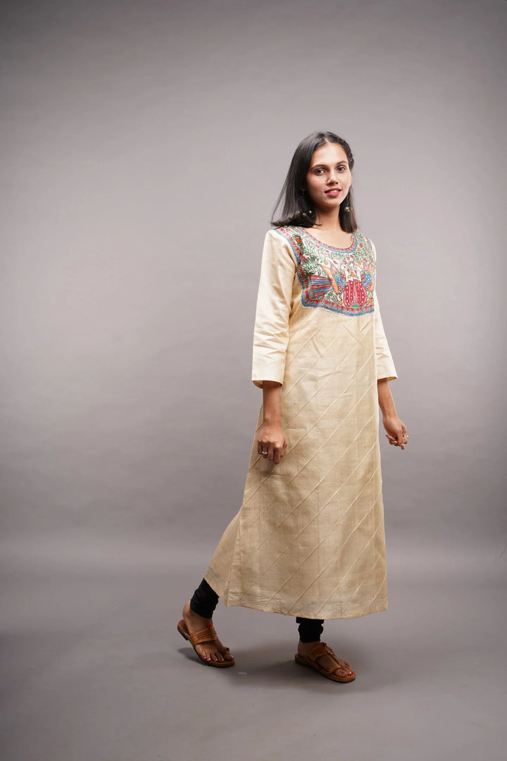 Pure Kosa Tussar Silk Kurti with Madhubani Handpainted Art with Leggings 2 piece set