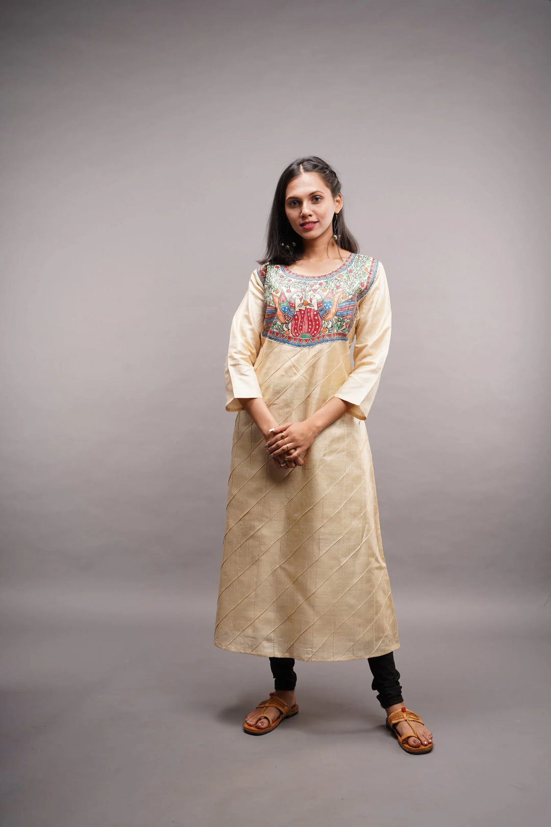 Pure Kosa Tussar Silk Kurti with Madhubani Handpainted Art with Leggings 2 piece set