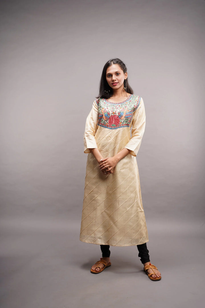 Pure Kosa Tussar Silk Kurti with Madhubani Handpainted Art with Leggings 2 piece set