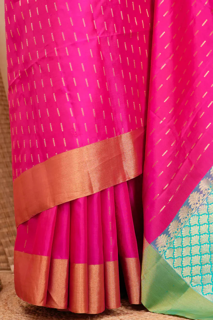 Hot Pink Kanjivaram Soft Silk Handloom Saree with Zari Buttas and Tissue Border | SILK MARK CERTIFIED