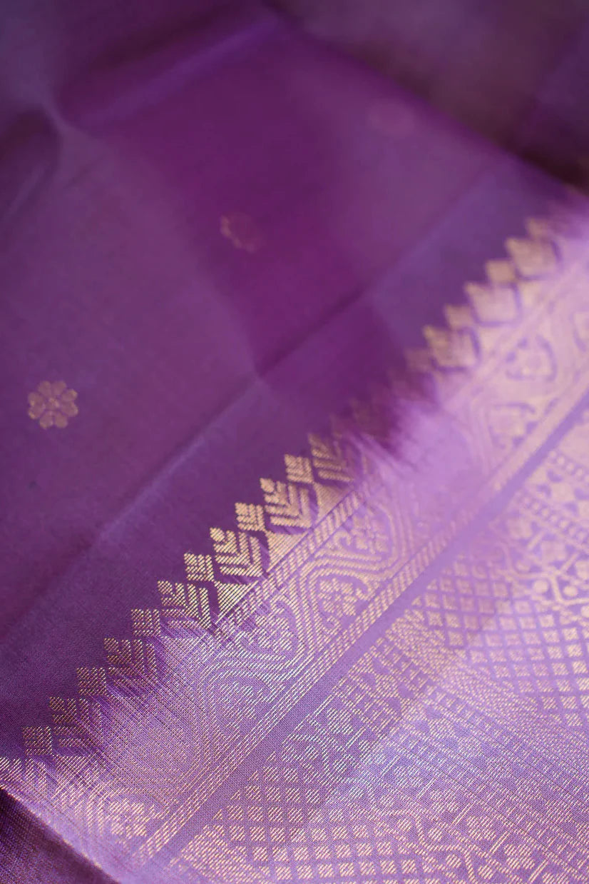 Purple Kanjivaram Soft Silk Handloom Saree with Floral Buttas and Lavender Border | SILK MARK CERTIFIED