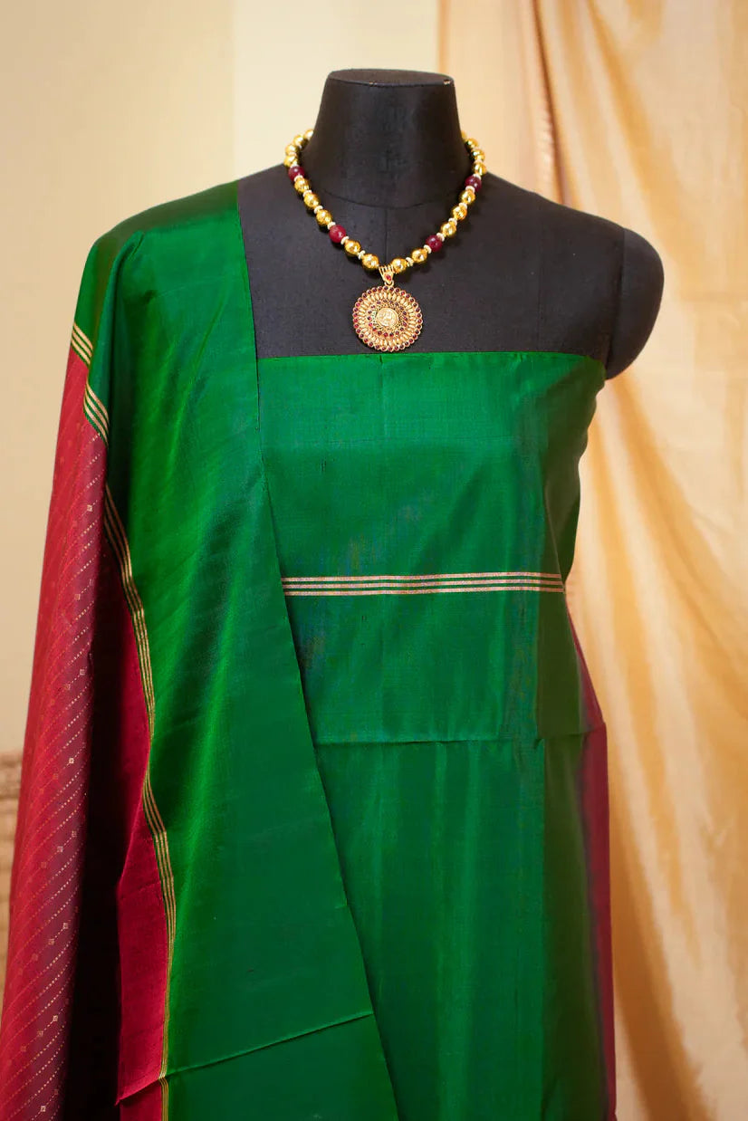 Red Kanjivaram Soft Silk Handloom Saree with Pin Zari Stripes and Green Contrast Border | SILK MARK CERTIFIED