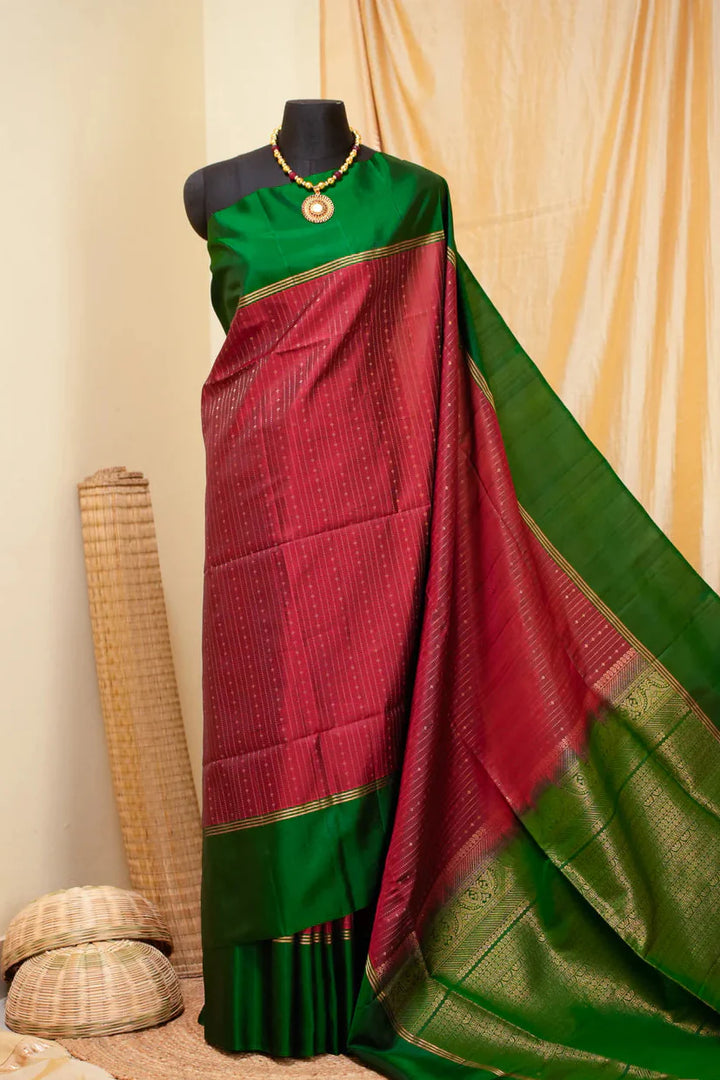 Red Kanjivaram Soft Silk Handloom Saree with Pin Zari Stripes and Green Contrast Border | SILK MARK CERTIFIED