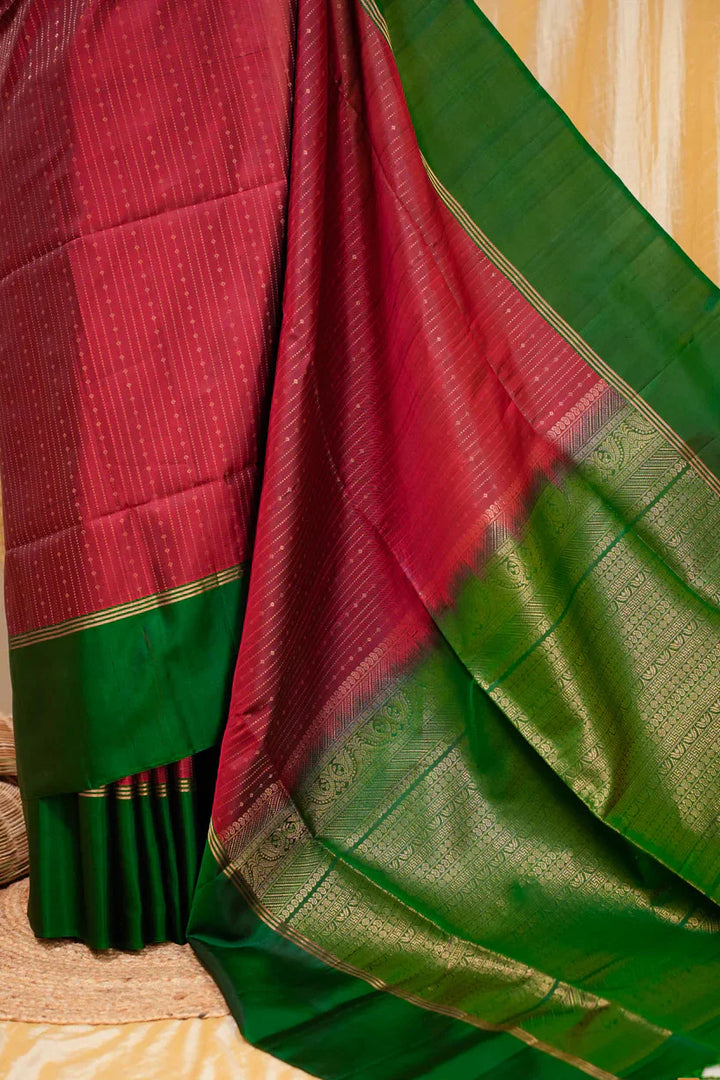 Red Kanjivaram Soft Silk Handloom Saree with Pin Zari Stripes and Green Contrast Border | SILK MARK CERTIFIED