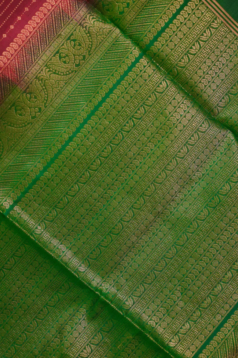 Red Kanjivaram Soft Silk Handloom Saree with Pin Zari Stripes and Green Contrast Border | SILK MARK CERTIFIED