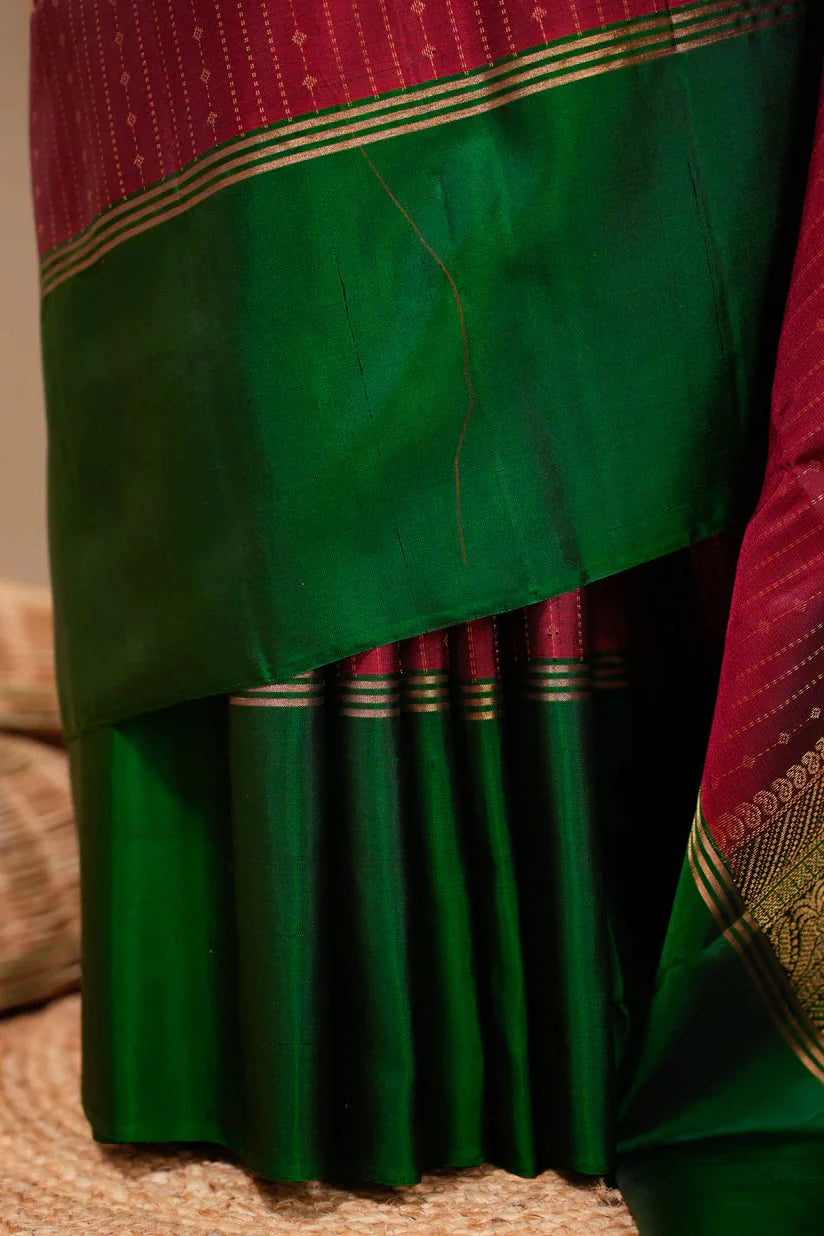 Red Kanjivaram Soft Silk Handloom Saree with Pin Zari Stripes and Green Contrast Border | SILK MARK CERTIFIED