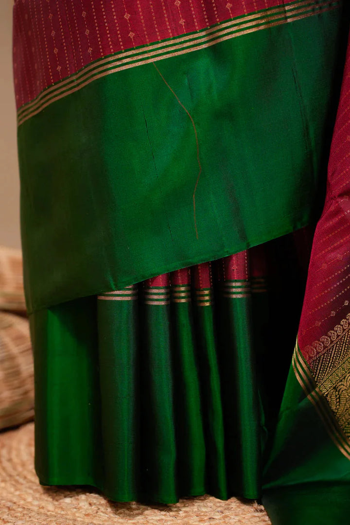Red Kanjivaram Soft Silk Handloom Saree with Pin Zari Stripes and Green Contrast Border | SILK MARK CERTIFIED