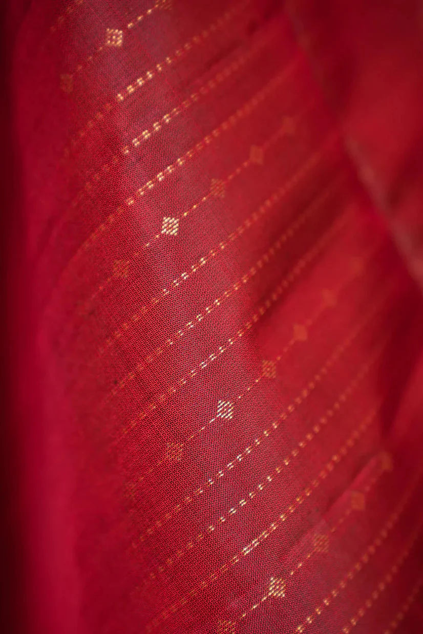 Red Kanjivaram Soft Silk Handloom Saree with Pin Zari Stripes and Green Contrast Border | SILK MARK CERTIFIED