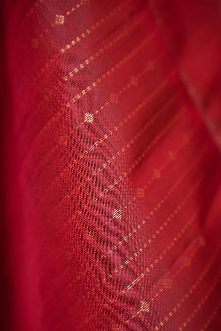 Red Kanjivaram Soft Silk Handloom Saree with Pin Zari Stripes and Green Contrast Border | SILK MARK CERTIFIED