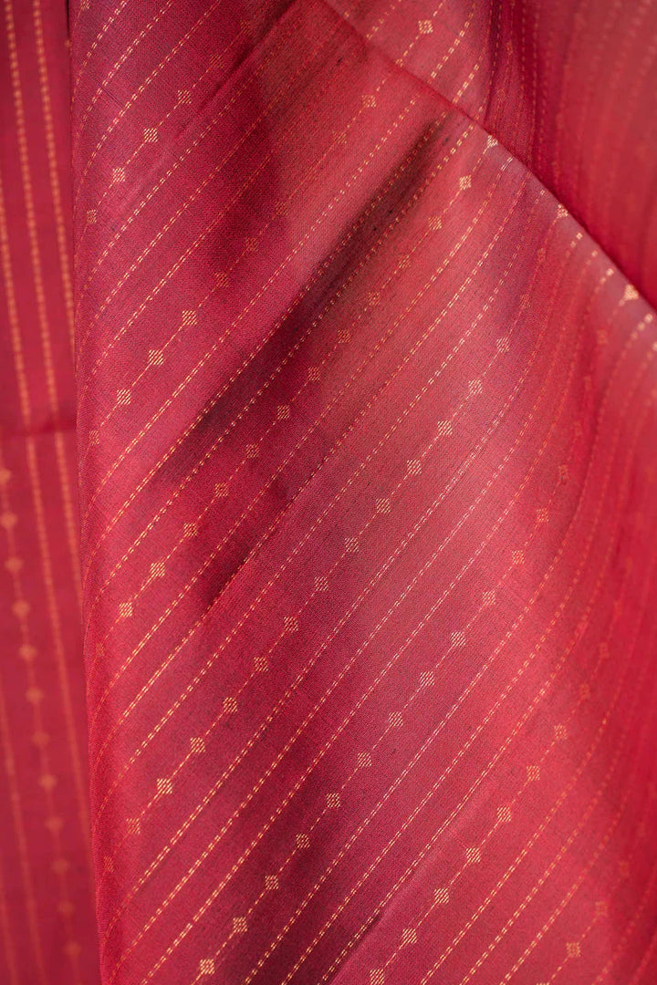Red Kanjivaram Soft Silk Handloom Saree with Pin Zari Stripes and Green Contrast Border | SILK MARK CERTIFIED