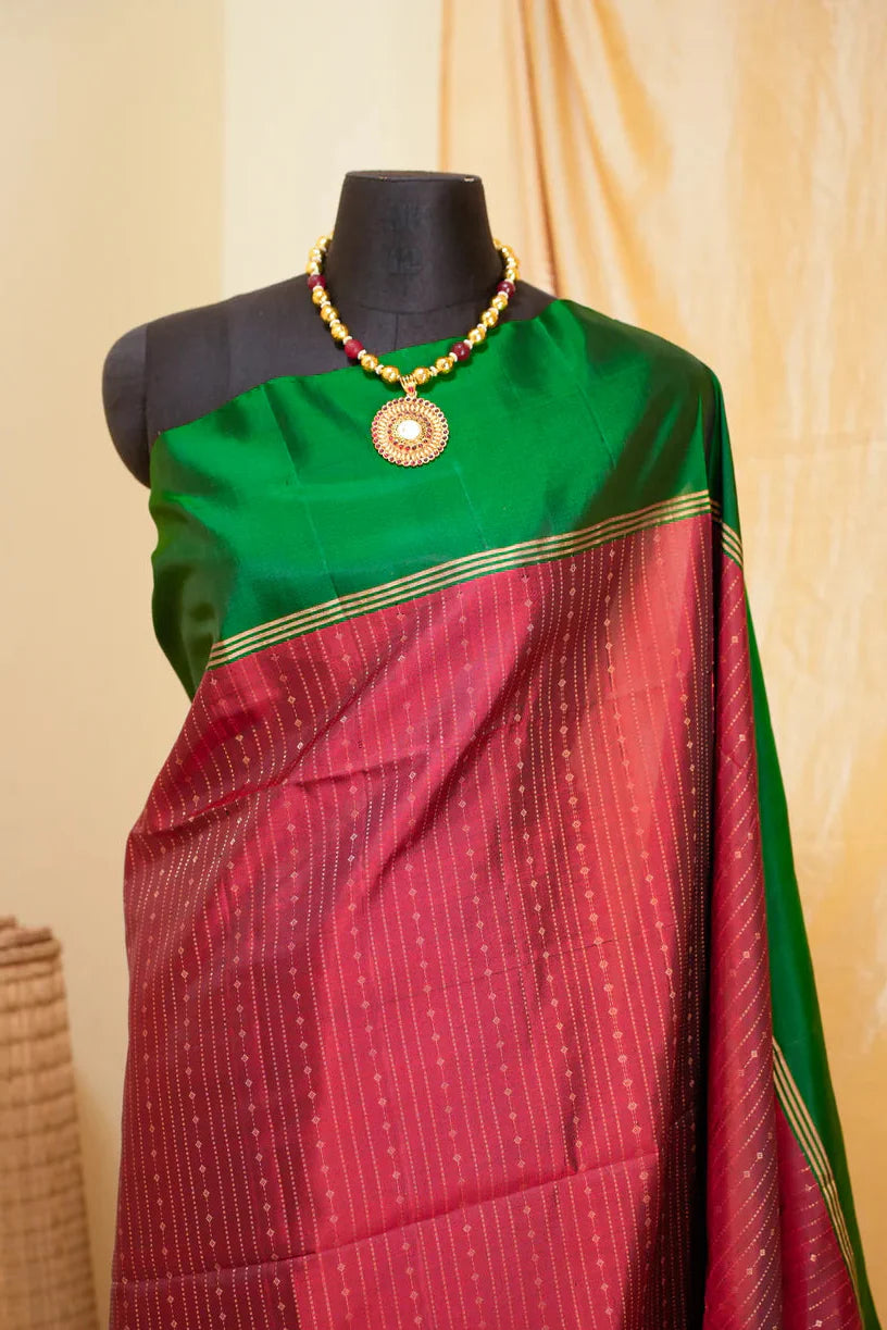 Red Kanjivaram Soft Silk Handloom Saree with Pin Zari Stripes and Green Contrast Border | SILK MARK CERTIFIED