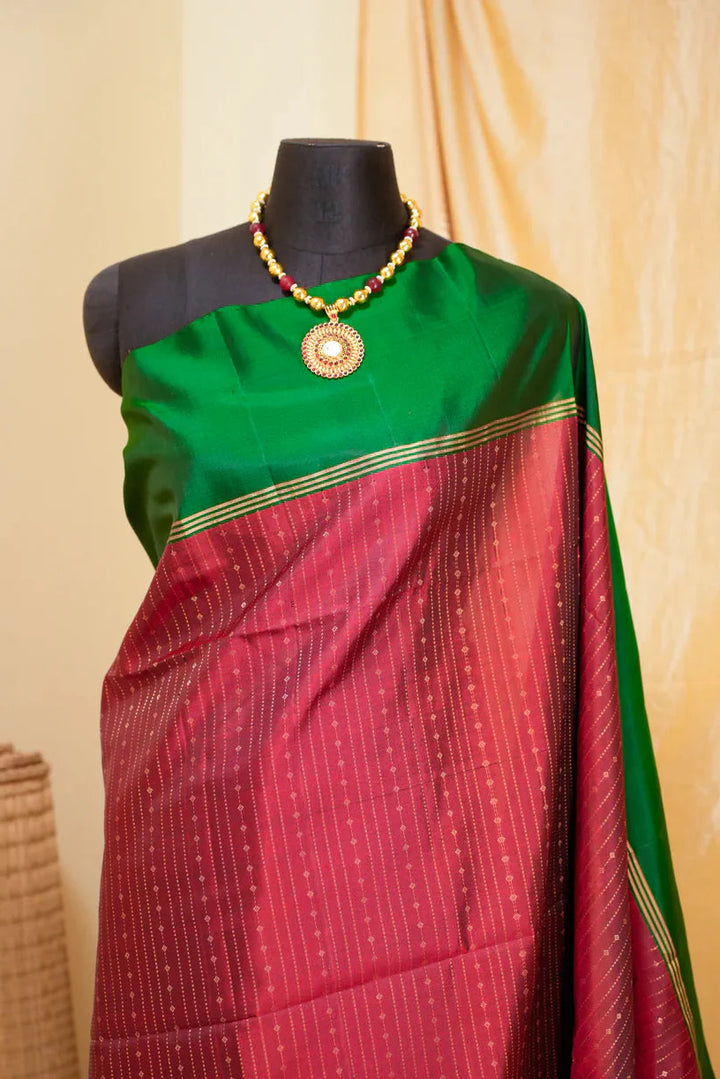 Red Kanjivaram Soft Silk Handloom Saree with Pin Zari Stripes and Green Contrast Border | SILK MARK CERTIFIED
