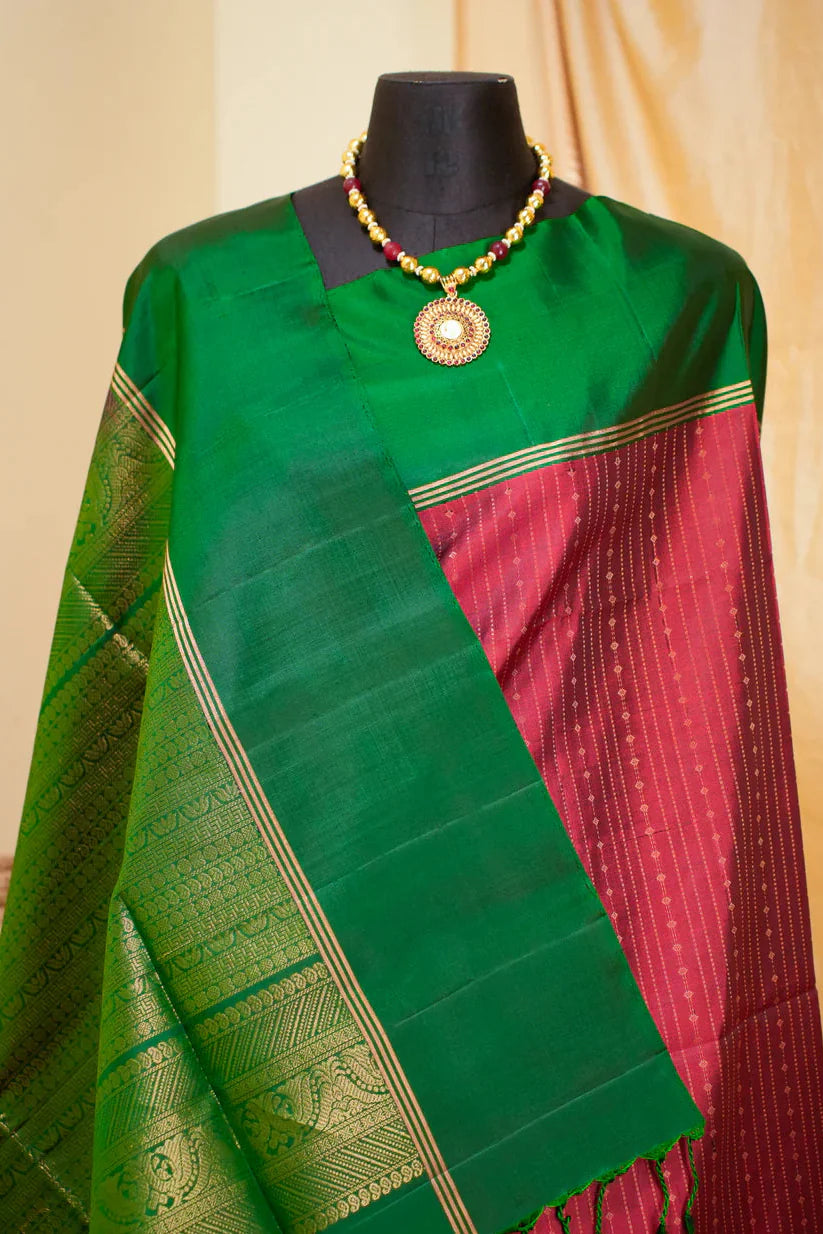 Red Kanjivaram Soft Silk Handloom Saree with Pin Zari Stripes and Green Contrast Border | SILK MARK CERTIFIED