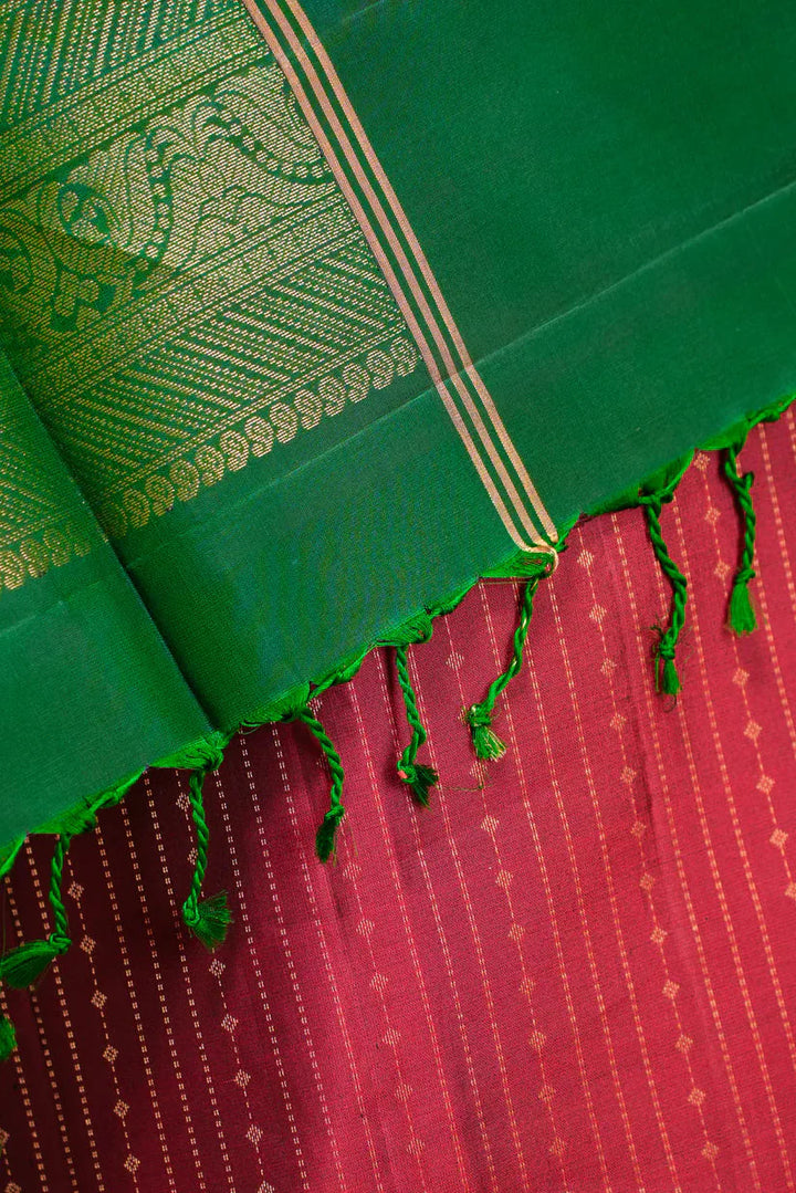 Red Kanjivaram Soft Silk Handloom Saree with Pin Zari Stripes and Green Contrast Border | SILK MARK CERTIFIED
