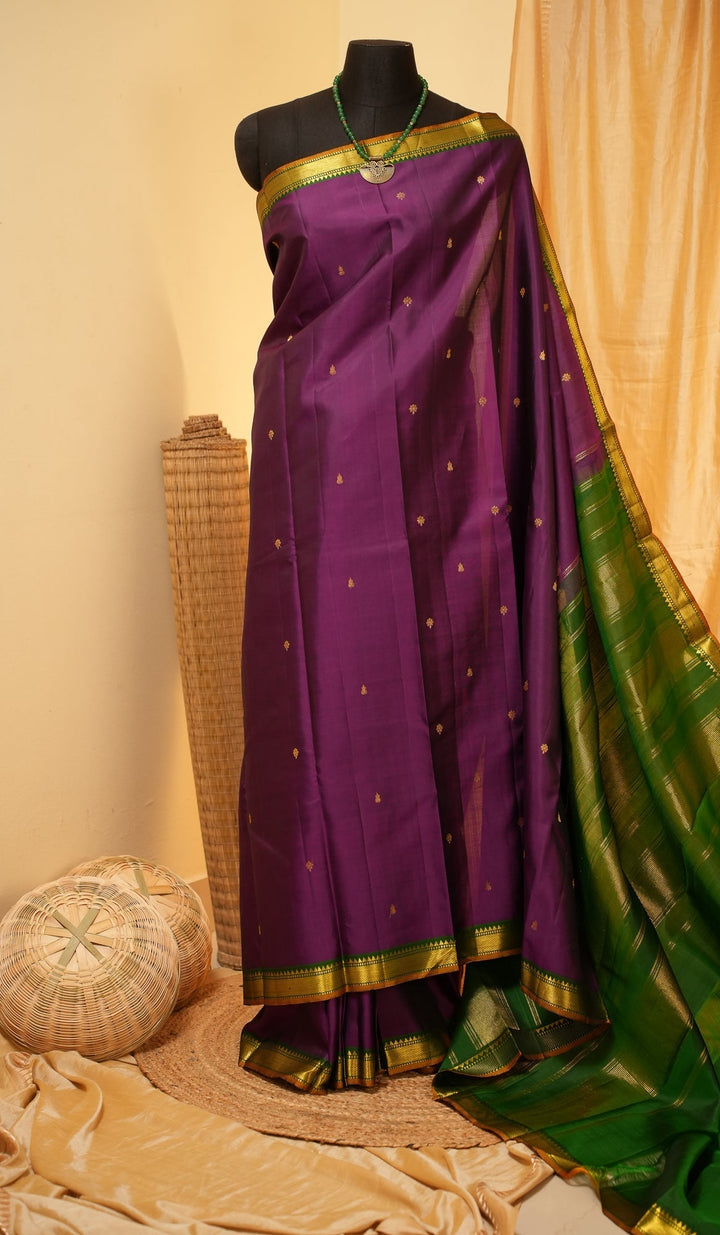 Purple With Green Kanjivaram Handloom Pure Zari Saree Vadamalli | SILK MARK CERTIFIED | SHOBITAM