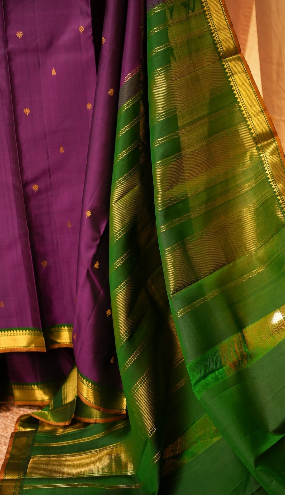 Purple With Green Kanjivaram Handloom Pure Zari Saree Vadamalli | SILK MARK CERTIFIED | SHOBITAM