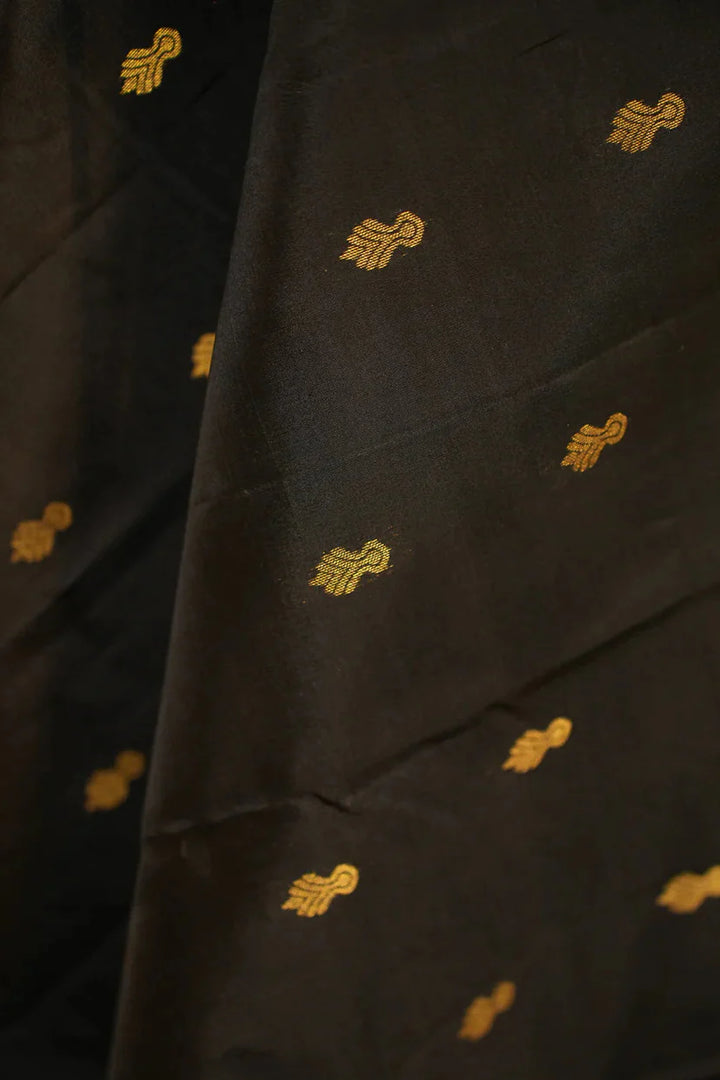 Black Kanjivaram Handloom Saree with Zari Buttas and Green Contrast Border | SILK MARK CERTIFIED