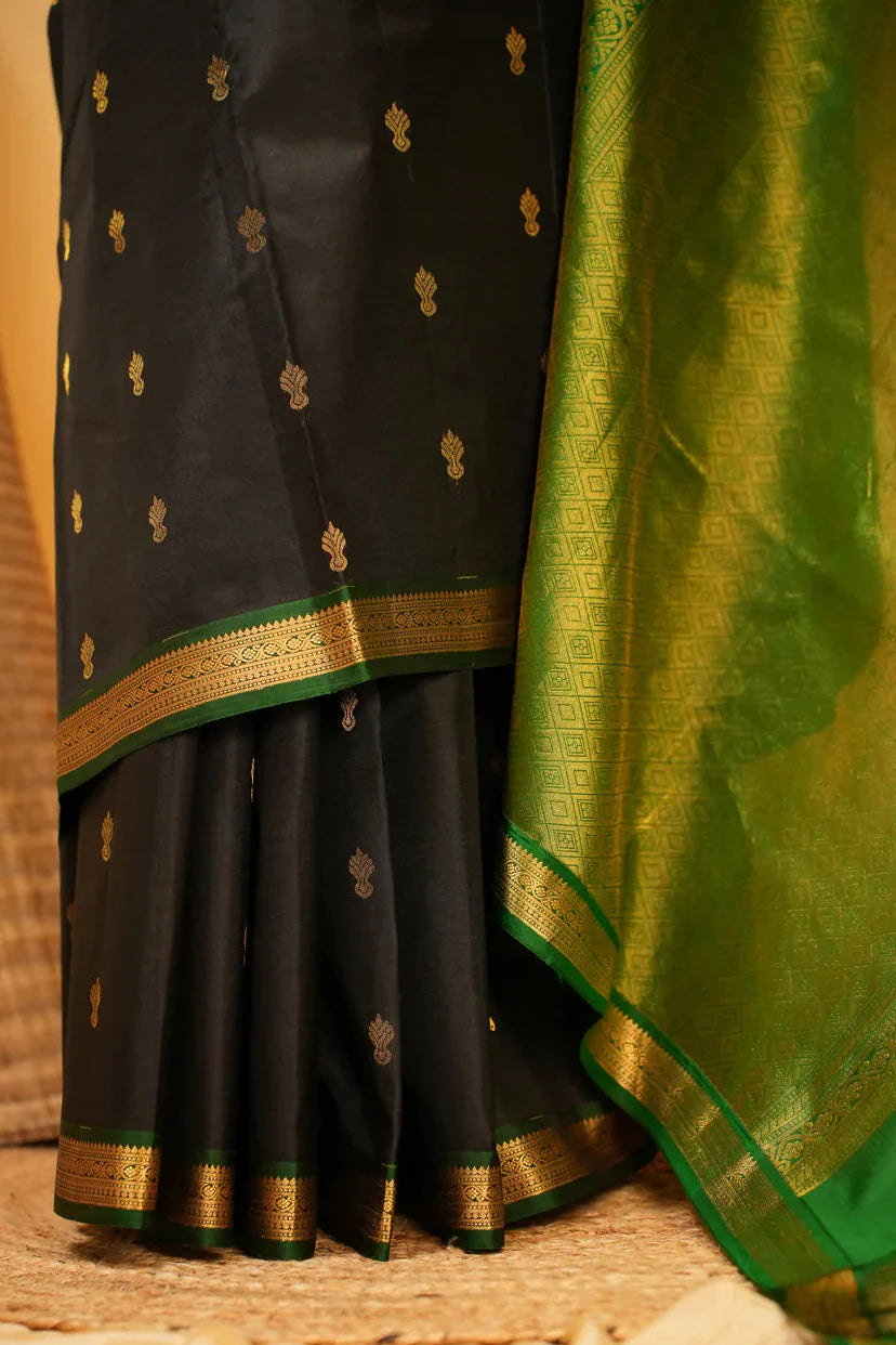 Black Kanjivaram Handloom Saree with Zari Buttas and Green Contrast Border | SILK MARK CERTIFIED