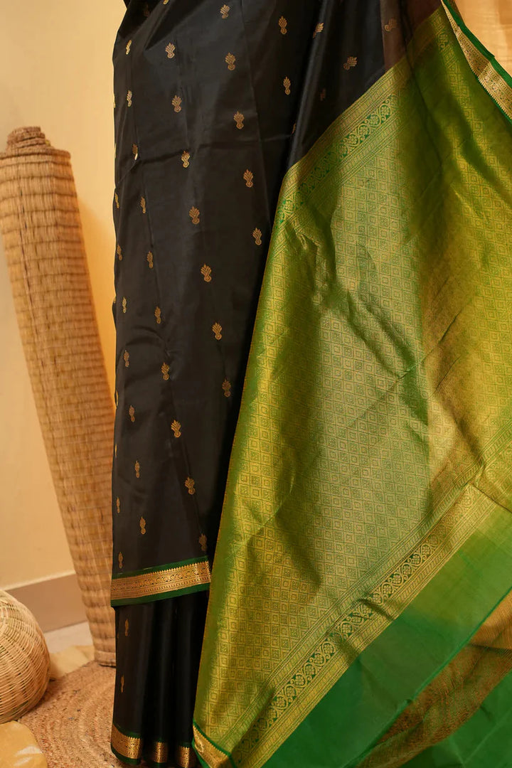 Black Kanjivaram Handloom Saree with Zari Buttas and Green Contrast Border | SILK MARK CERTIFIED