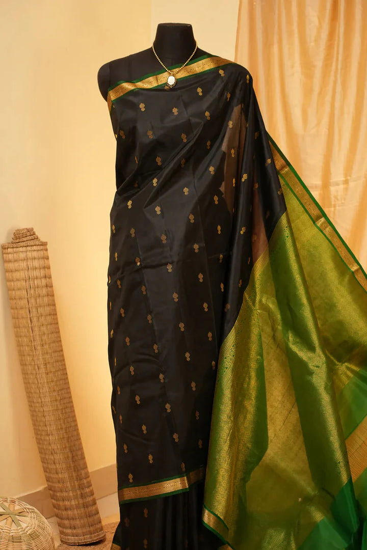 Black Kanjivaram Handloom Saree with Zari Buttas and Green Contrast Border | SILK MARK CERTIFIED