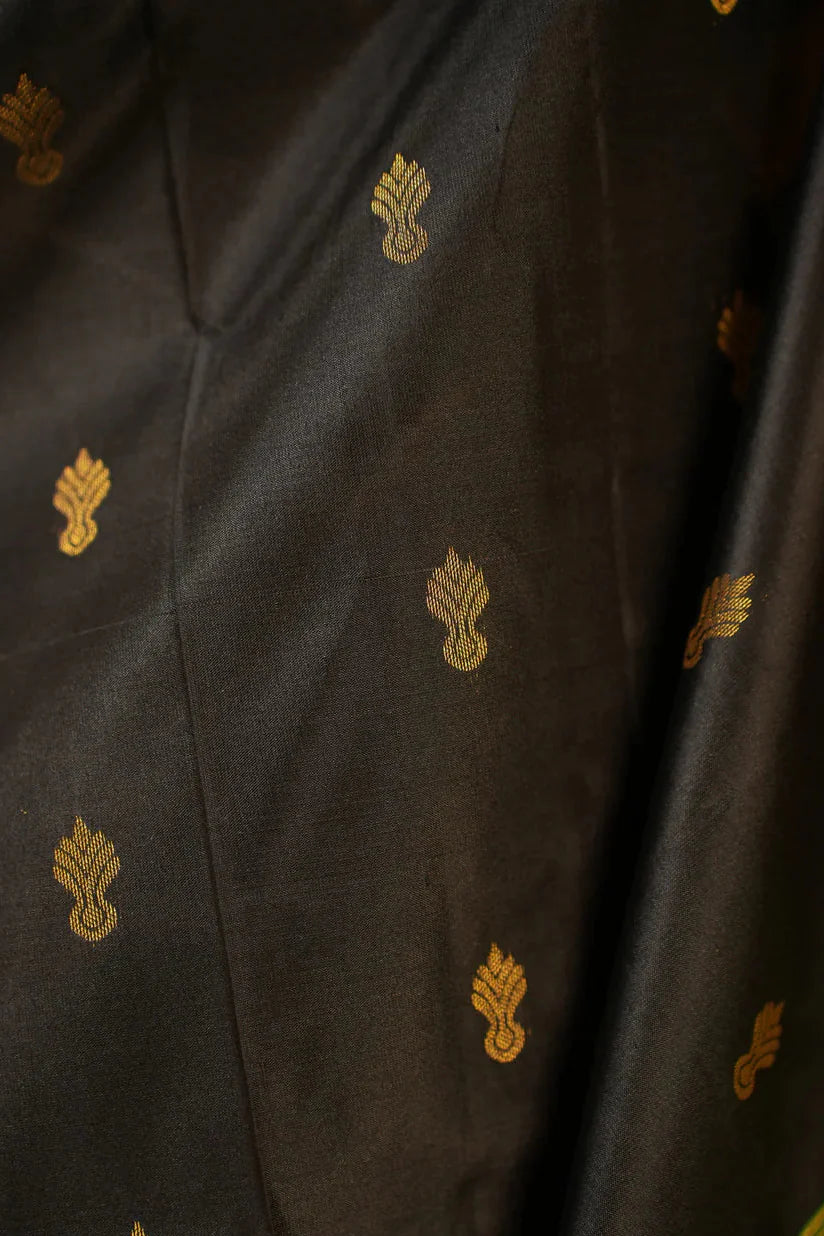 Black Kanjivaram Handloom Saree with Zari Buttas and Green Contrast Border | SILK MARK CERTIFIED