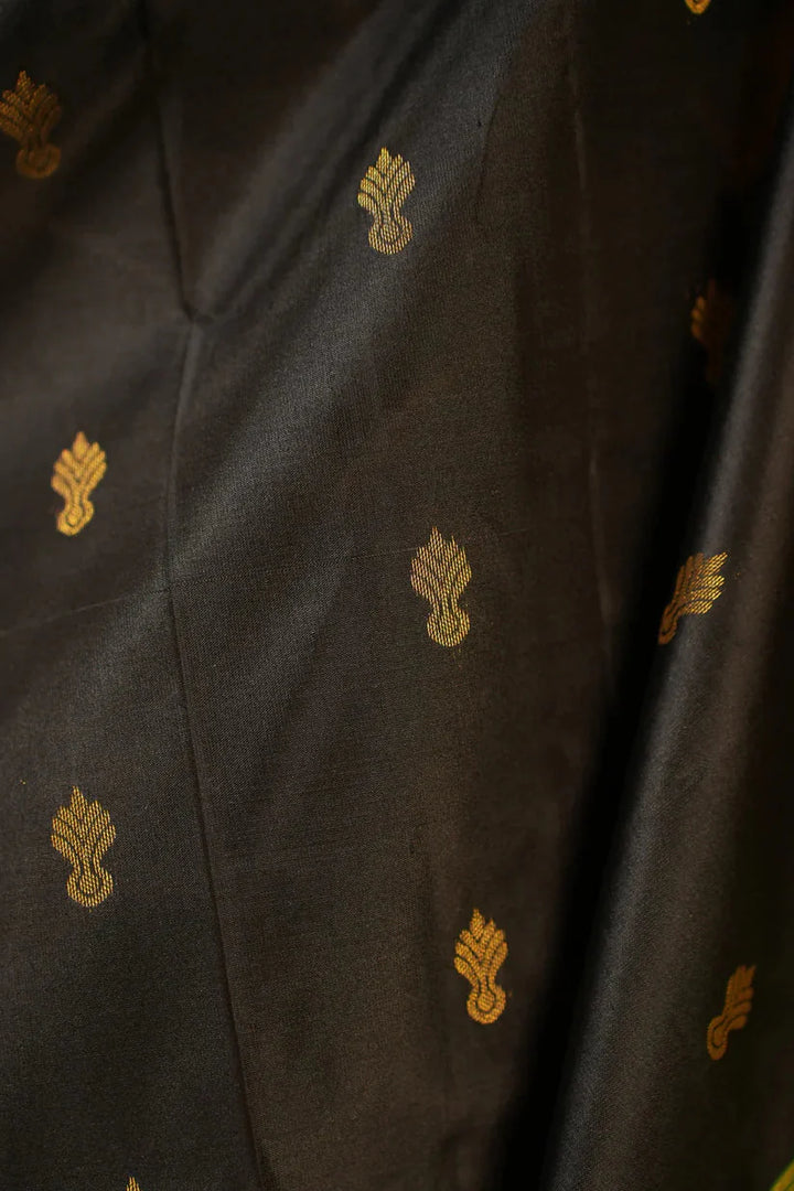 Black Kanjivaram Handloom Saree with Zari Buttas and Green Contrast Border | SILK MARK CERTIFIED