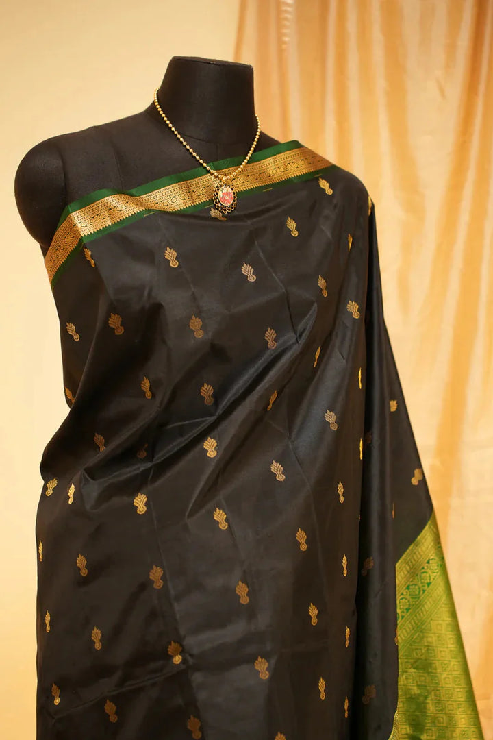 Black Kanjivaram Handloom Saree with Zari Buttas and Green Contrast Border | SILK MARK CERTIFIED