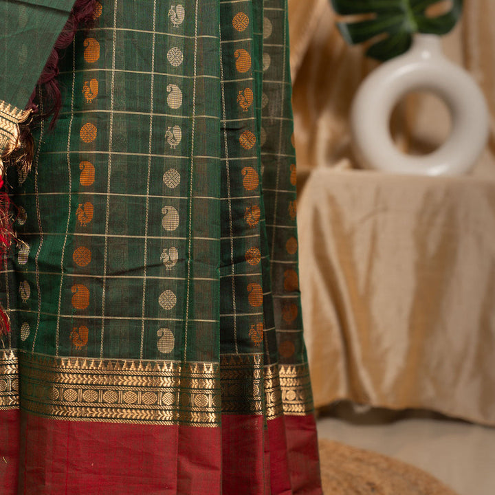 Forest Green 1000 Butta Kanchi Cotton Saree With Zari Kinaavu | SHOBITAM